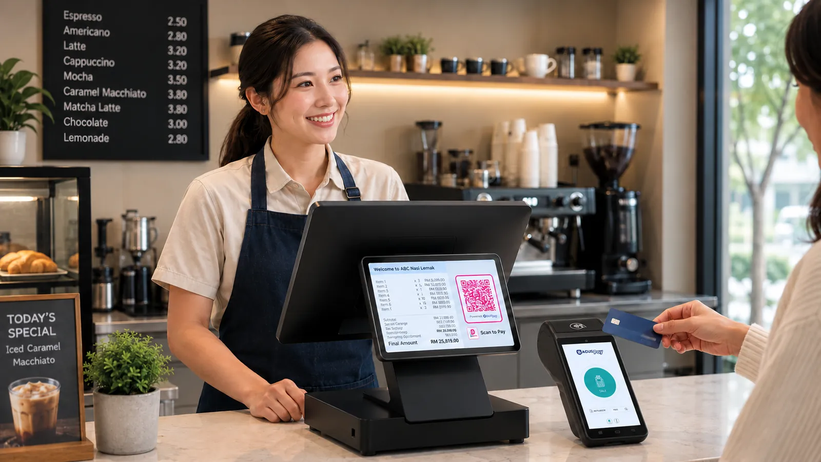 Cashier operating POS terminal in café